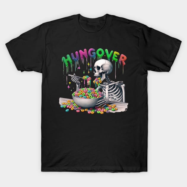 "Hung Over" Skeleton Eating Froot Loops T-Shirt by FlawlessSeams